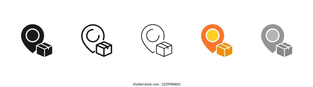 Pointer with Open box icons for packaging or delivery and shipping, open package, unbox in black. Forbidden symbol simple. Vector five icon in different style on white background