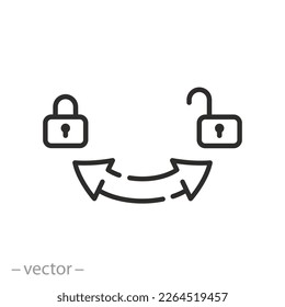 pointer open close icon, on and off, arrows with lock, turn right or left, thin line symbol on white background - editable stroke vector illustration