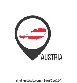 Pointer oder Pin mit österreichischer Landesflagge innerhalb von Austria Map.  Stockillustration für Vektorillustrationen einzeln auf weißem Hintergrund.

