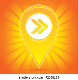 Pointer pin up icon with arrows on dynamic background, idea moving on, business marketing strategy concept, vector illustration
