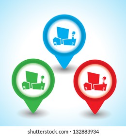 Pointer pin up icon with city illustration, web design element