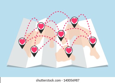 Pointer pin up icon with heart and map,vector