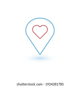 Pointer pin up icon with heart, outline web design element, favorite location concept, Stock Vector illustration isolated