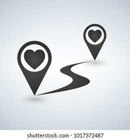Pointer pin up icon with heart path, valentine concept, vector.