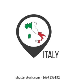 Pointer or pin with Italy country flag inside Italy Map. Stock vector illustration isolated on white background.
