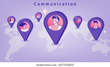 Pointer pins on the map with people over it. Concept of human resources management, staff research, global headhunting. Gps Navigation. Cartoon People Vector outline Illustration.