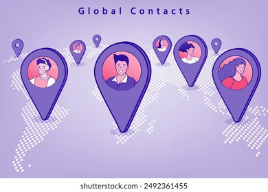 Pointer pins on the map with people over it. Concept of human resources management, staff research, global headhunting. Gps Navigation. Cartoon People Vector Illustration.