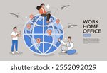 Pointer pins on the world map with people over it. Concept of human resources management, staff research, global headhunting. Gps Navigation. Cartoon People Vector Illustration.