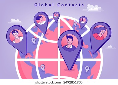 Pointer pins on the world map with people over it. Concept of human resources management, staff research, global headhunting. Gps Navigation. Cartoon People Vector Illustration.