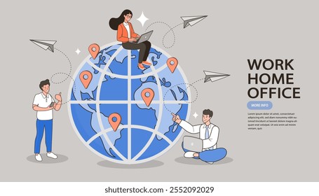 Pointer pins on the world map with people over it. Concept of human resources management, staff research, global headhunting. Gps Navigation. Cartoon People Vector Illustration.