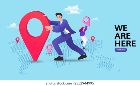 Pointer pins on the world map with people over it. Concept of human resources management, staff research, global headhunting. Gps Navigation. Cartoon People Vector Illustration.