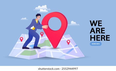 Pointer pins on the world map with people over it. Concept of human resources management, staff research, global headhunting. Gps Navigation. Cartoon People Vector Illustration.