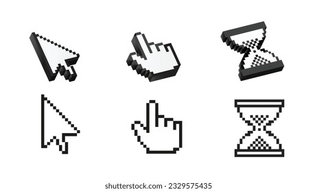 Pointer pixel cursor arrow finger. Computer mouse digital interface element for action selection and online vector direction