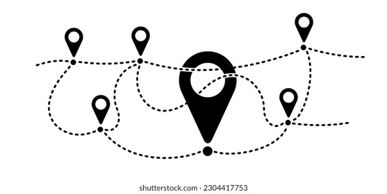 Pointer or point trekking route. Location icon. pin between multiple points. Gps navigation and travel concept. Global positioning system. Dotterd line pattern. Road, direction arrow.