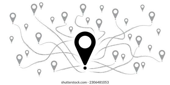 Pointer or point trekking route. Marks, location marker icon. Pin between multiple points. Navigation and travel concept. Dotterd track, line pattern. Map, road, direction arrow. Pins points mark.