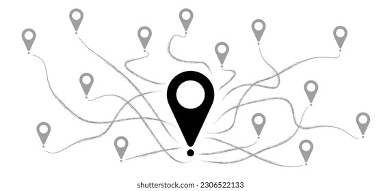 Pointer or point trekking route. Marks, location marker icon. Pin between multiple points. Navigation and travel concept. Dotterd track, line pattern. Map, road, direction arrow. Pins points mark.