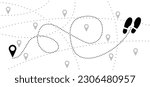 Pointer or point walk trekking route. Footprint, footstep icon. pin between multiple points. Gps navigation and travel concept. Dotterd track, line pattern. Map, road, direction arrow.
