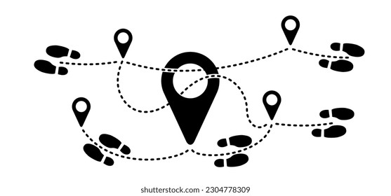 Pointer or point walk trekking route. Footprint, footstep icon. pin between multiple points. Gps navigation and travel concept. Dotterd track, line pattern. Map, road, direction arrow.