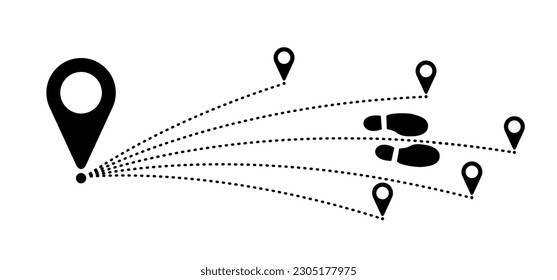 Pointer or point walk trekking route. Footprint, footstep icon. pin between multiple points. Gps navigation and travel concept. Dotterd track, line pattern. Map, road, direction arrow.