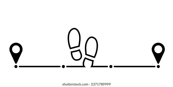 Pointer or point walk trekking route. Footprint, footstep icon. pin between multiple points. Gps navigation and travel concept. Dotterd track, line pattern. Map, road, direction arrow. Foot step idea