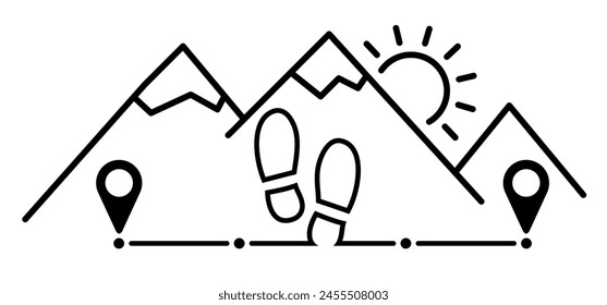 Pointer or point walk trekking route. Footprint, footstep icon. Pin, Gps navigation and travel concept. Dotterd track, line pattern. Map, road, direction arrow. mountains, travel, adventure concept. 