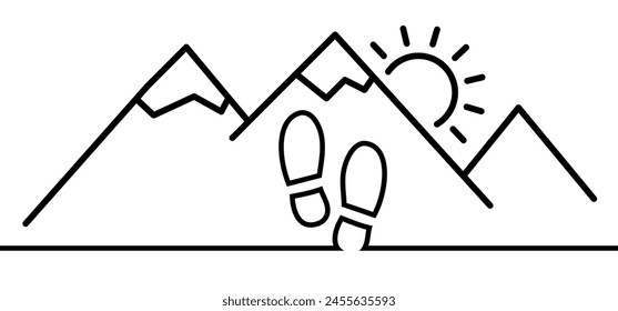 Pointer or point walk trekking route. Footprint, footstep icon. Line pattern. Map, road, direction arrow. Mountains, travel, adventure concept. Holiday, vacation. Mountain walk.