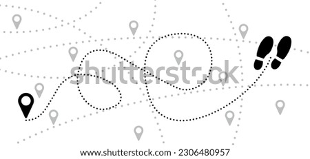 Pointer or point walk trekking route. Footprint, footstep icon. pin between multiple points. Gps navigation and travel concept. Dotterd track, line pattern. Map, road, direction arrow.