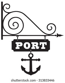 A pointer to the sea port with a symbolic anchor. Vector illustration.