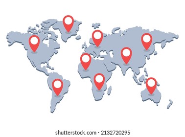 Zeigerzeichen auf der Weltkarte. Vektorgrafik.