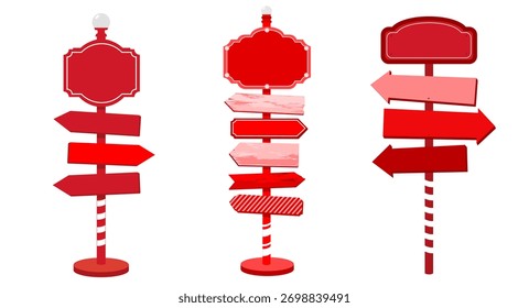 Um ponteiro com uma textura intemperrada em um pilar. Uma placa de estrada vazia com setas de várias formas. Um conjunto de sinalizadores vermelhos com setas e lâmpadas.  Clipart vetorial ilustrado. Mão sem empate.