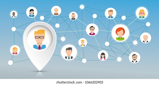 Pointer With White Businessman And Social Network On The Blue Background. Eps 10 Vector File.