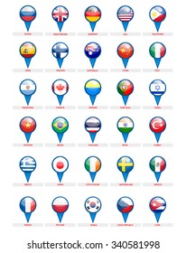 Pointers. Countries of the world. Flags in the blue uniforms. Vector
