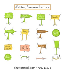 Pointers, frames, signs and arrows. Simple cute style with curved contour curls. Hand drawing. Vector illustration