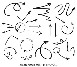 Pointers. Infographic elements on white. Abstract arrows. Collection of different indicators on isolated background. Hand drawn symbols for design. Line art. Sketchy doodles for business and work