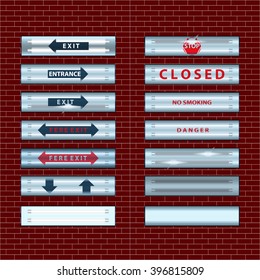 Pointers with the inscription. Located on a billboard with illumination lamps on a brick wall. Vector illustration