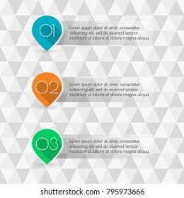 Pointers or map markers with numbers. Colorful number bullet points set. Menu interface with 3 steps, levels or option. Infographics template for business presentation. Vector illustration.