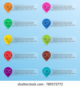 Pointers or map markers with numbers and space for text. Colorful number bullet points set. Vector illustration.