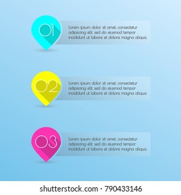Pointers or map markers with numbers and space for text. Colorful number bullet points set. Menu interface with 3 steps, levels or option. Vector illustration.