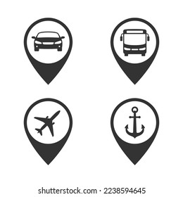 Pointers of map with transport graphic icon set. Car rent or taxi, bus stopped, airport and seaport isolated signs on white background. Vector illustration