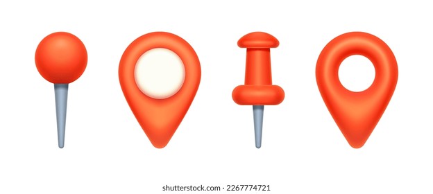 Pointers for maps, online or paper maps. Isolated realistic icons for application with navigation. Pins and traditional place symbol. 3d style vector illustration