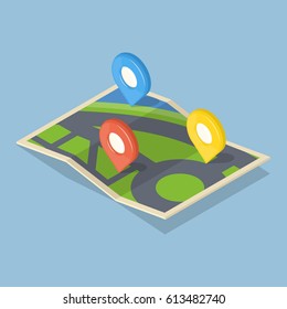 Pointers on map. GPS navigation concept icon. Isometric vector illustration