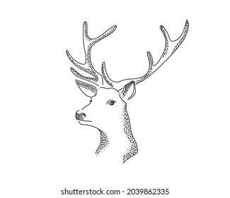 Pointillism drawing of logo deer in silhouette icon christmas concept on a white background. Linear stylized.