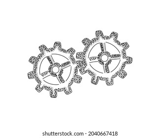 Dibujo de puntillismo del concepto de negocio de dos ruedas de engranajes de cog en silueta sobre un fondo blanco. Linear estilizado.