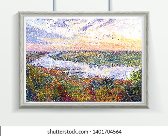 Pointillism landscape. River and forest under sky. Digital painting hanging in the realistic grey wood border on the wall