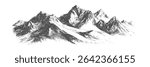 Pointillism mountain landscape with sharp ridges and snowy slopes. Monochrome stipple texture in vintage engraving style. Vector illustration