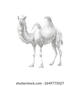 Pointillism Vector Illustration of Bactrian Camel in Black and White Minimalist Style