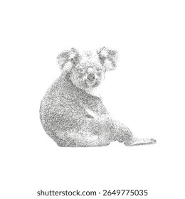 Ilustração vetorial de pontilhismo de Koala sentado em estilo preto e branco minimalista