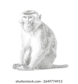 Ilustração vetorial de pontilhismo de macaco sentado em estilo preto e branco minimalista
