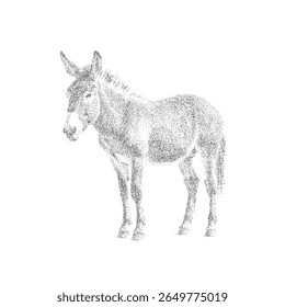 Pointillism Vector Illustration of Standing Donkey in Minimalist Black and White Style