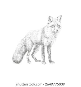 Pointillism Vector Illustration of Standing Fox in Minimalist Black and White Style